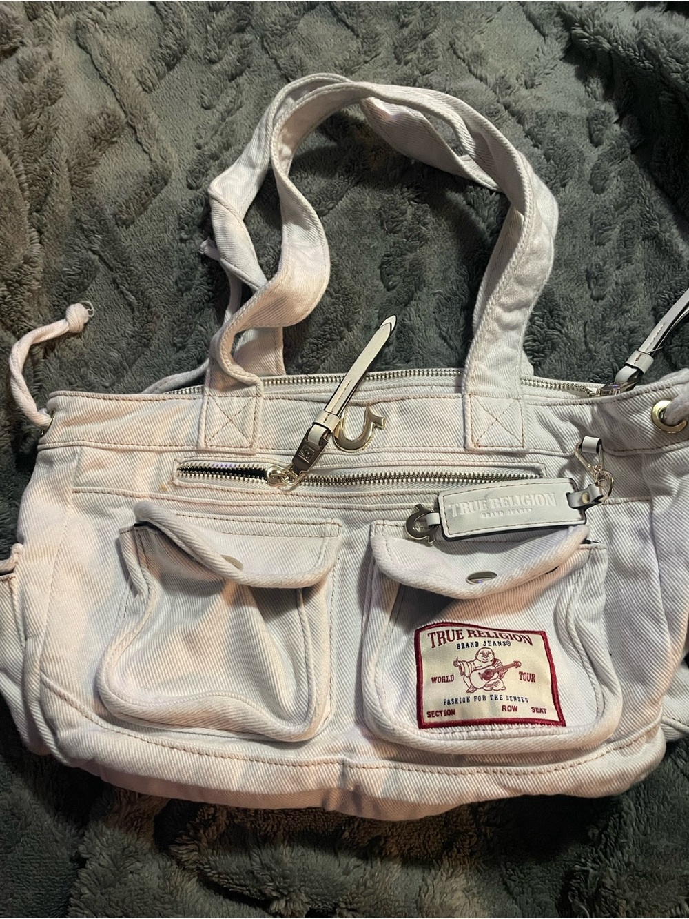 True Religion White Canvas Shoulder Tote with Front Pockets